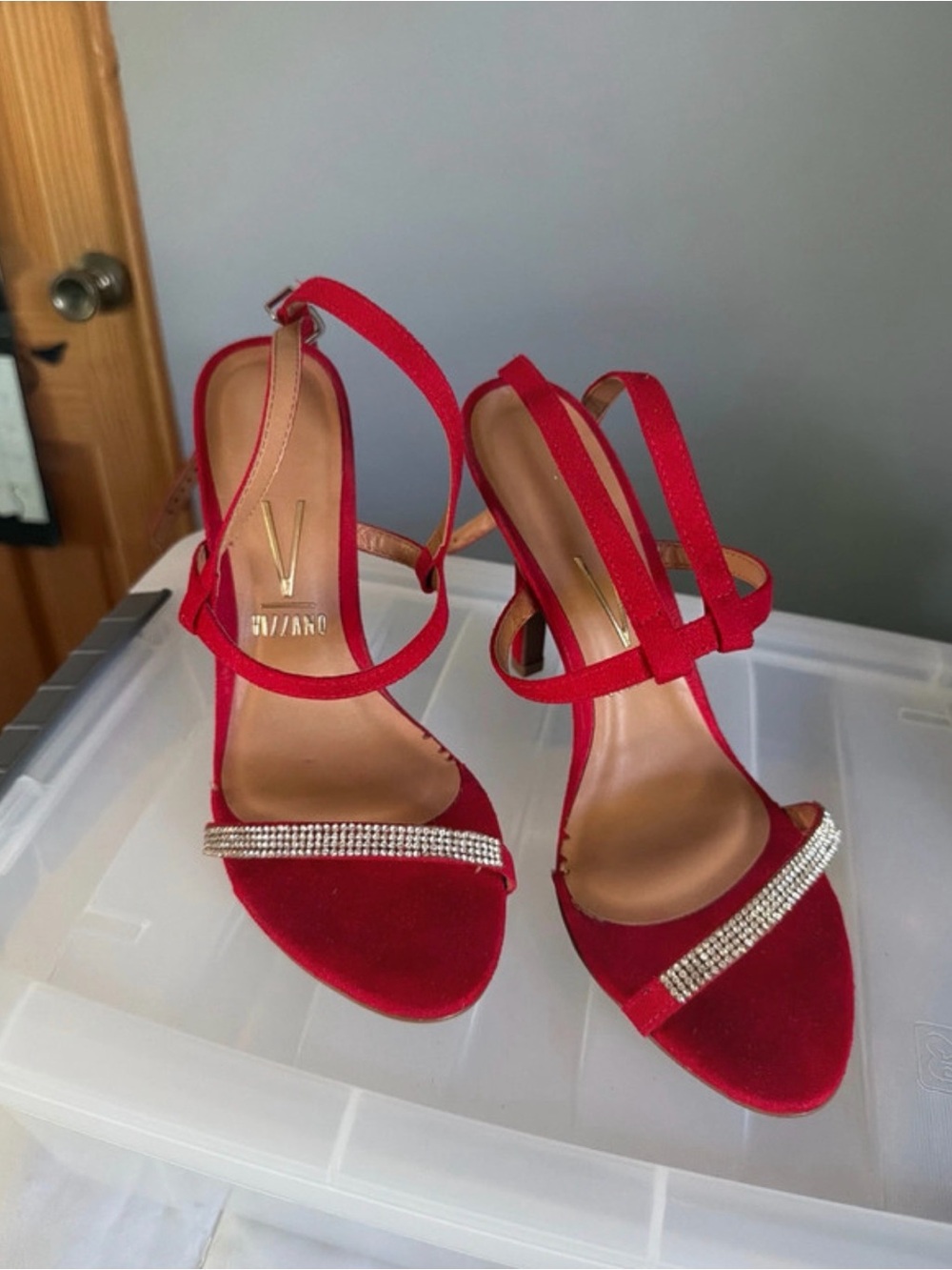 Red Strappy Rhinestone Accent Sandals